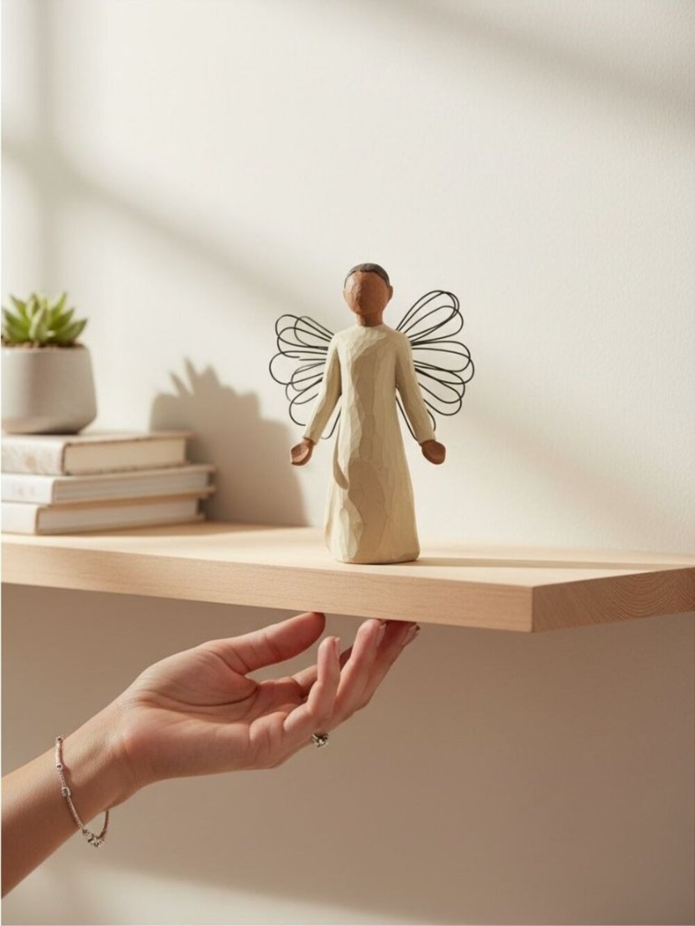 Handcrafted Angel Figurine With Metal Wings - Rustic Minimalist Design